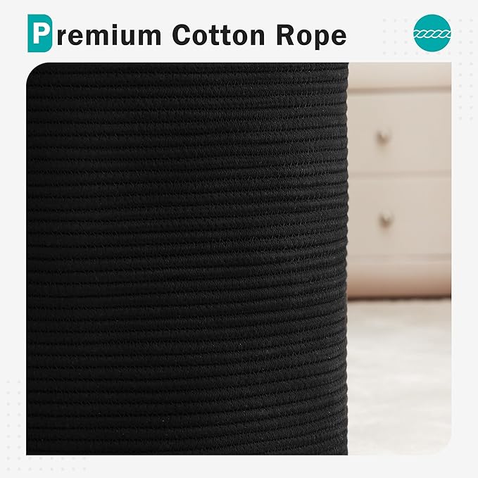 Cotton Rope Laundry Hamper by YOUDENOVA, 72L - Woven Collapsible Laundry Basket - Clothes Storage Basket for Blankets, Laundry Room Organizing, Bedroom Storage, Clothes Hamper – Black
