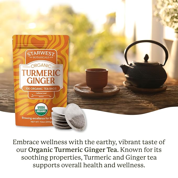 Starwest Botanicals Organic Turmeric Ginger Tea - Caffeine Free Herbal Tea with Turmeric, Cinnamon, & Ginger, Tea with Antioxidant Properties, String Free Sachets, Non GMO - Bulk Pack, 100 Tea Bags