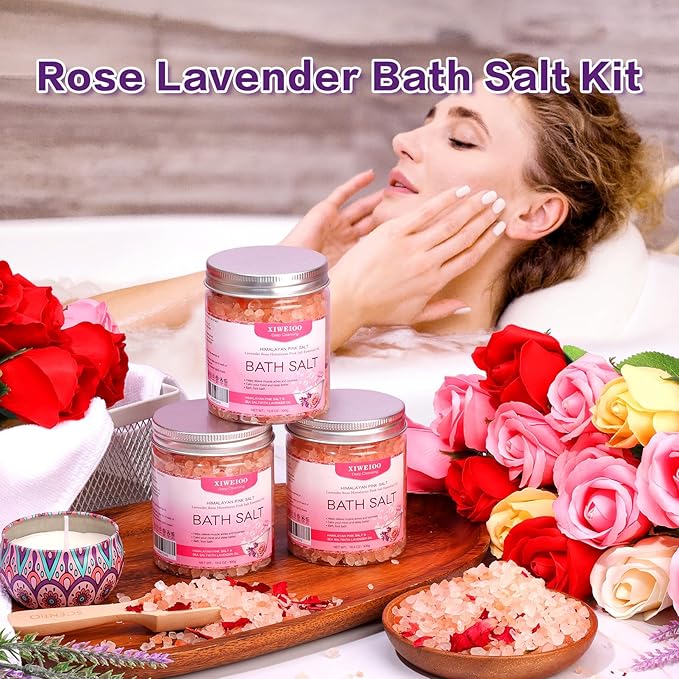 3 Pack Kit Bath Salts for Soaking Himalayan Pink Salt Rose Pink Scent Epsom Salt Bubble Bath for Women Christmas Gift with Dead Sea Salt Moisturizing Skin Tea Tree Oil Natural Soaking spa