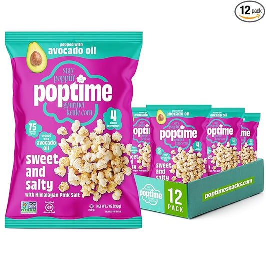 Poptime Kettle Cooked Popcorn Snack Bags – Sweet & Salty Kettle Corn Popcorn Bags, Healthy Snack With Avocado Oil & Himalayan Pink Salt, Gluten Free, Vegan, Low Calorie, Non-GMO - 7 oz - Pack 12
