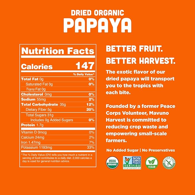 Mavuno Harvest Papaya Dried Fruit Snacks | Organic Dried Papaya Slices | Gluten Free Healthy Snacks for Kids and Adults | No Sugar Added, Vegan, Non GMO, Direct Trade | 1 Pound Resealable Bag