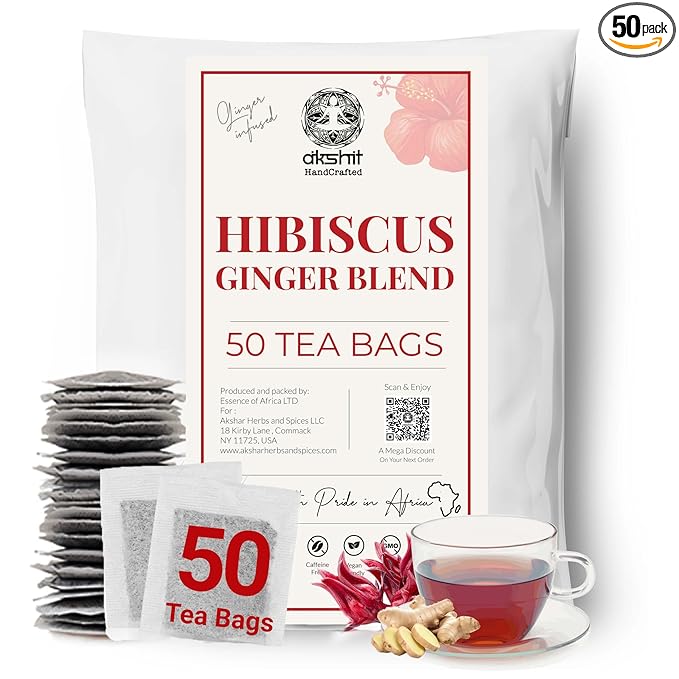 Akshit Hibiscus Ginger Tea, 50Tea Bags, Te De Hibisco, Hibiscus Tea Blend, Non-GMO, No Sugar, Caffeine free. Perfect for Hot or Iced Tea.