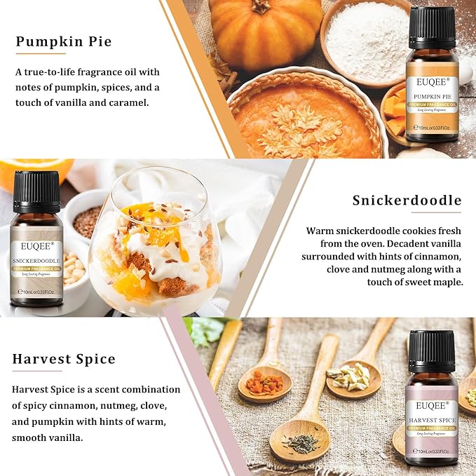 EUQEE 6PCS Spice Autumn Fragrance Oil Set, Scented Oils for Candle Making, Diffusers Aromatherapy Halloween Fragrance Oils for Diffuser & DIY Candles-Sandalwood, Harvest Spice, Bay Rum, Snickerdoodle