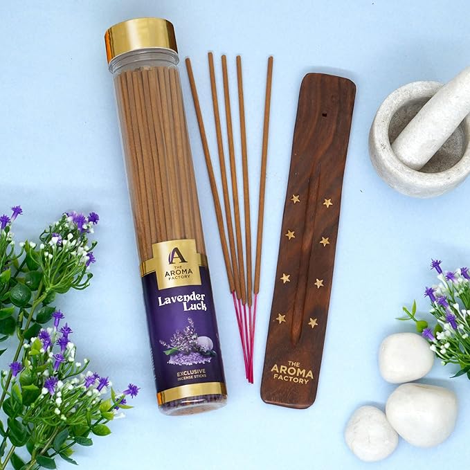 The Aroma Factory Lavender Agarbatti for Pooja, Luxury Incense Sticks, Low Smoke and Zero Charcoal, Meditation (Bottle Pack of 1, 100G) 4 Cm X 4 Cm X 26 Cm Multicolour