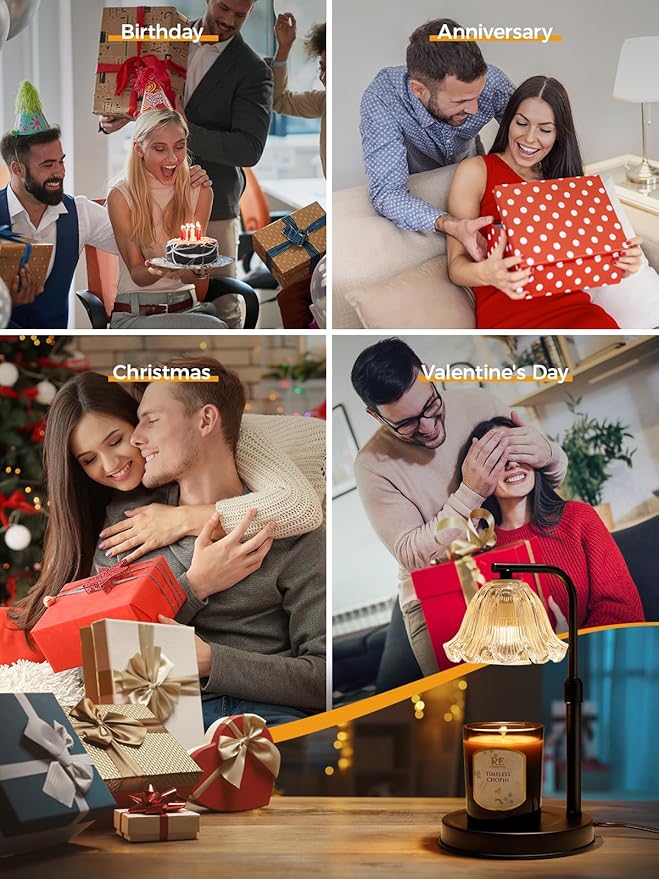 Flower Candle Warmer Lamp with Timer - Adjustable Height Wax Melt Warmer for Scented Jar Candles Light, Women Birthday Gifts for Mom, House Warming Gifts New Home Vintage Room Decor, Black