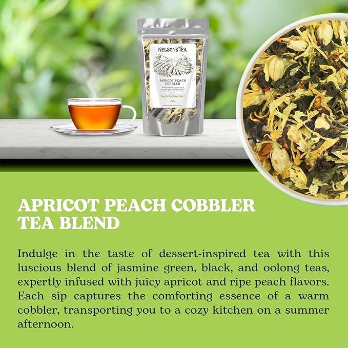 Nelson's Tea Apricot Peach Cobbler Tea Loose Leaf Blend - Jasmine Green Tea, Black Teas, Oolong, Safflower & Marigold Petals - Apricot Peach, Black Jasmine Teas (4oz)