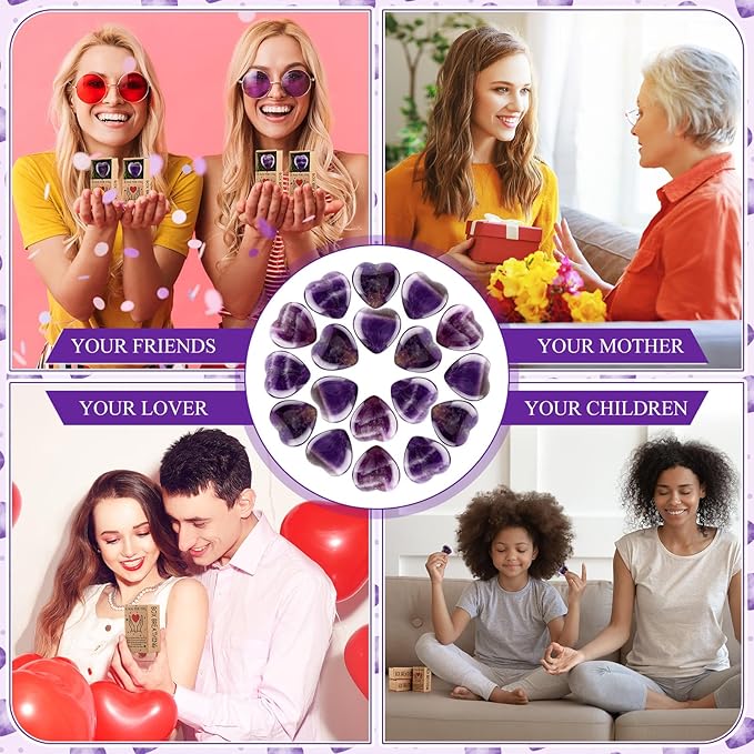 Landical 50 Sets Pocket Hug Token Gifts Small Crystal Heart Stones Bulk with Boxes Mini Heart Shape Natural Stones for Colleagues Family Distance Social Celebration of Life Gifts(Purple)
