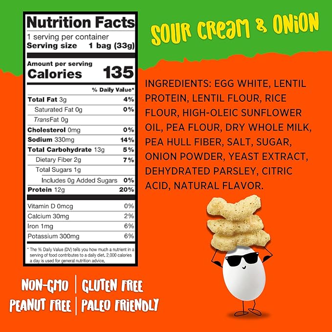 Todd's Better Snacks Egg-Cellent Protein Puffs, Sour Cream & Onion – 12g Protein, Gluten-Free, Paleo-Friendly, Baked, GLP-1 Compliant – Healthy Snack, Made with Egg Whites – 1.2 Oz (Pack of 10)