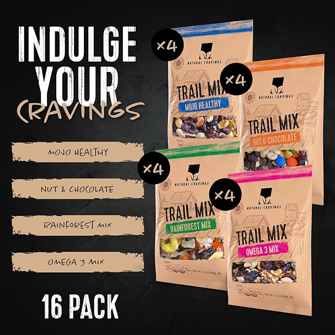 Trail Mix Snack Packs Variety - 4 Bags - Dried Fruit Mix & Nuts Mix with Chocolate Chips, Peanuts, Cranberries, Raisins, Walnuts, Tropical Fruits - Trail Mix Individual Packs, 3.5 oz