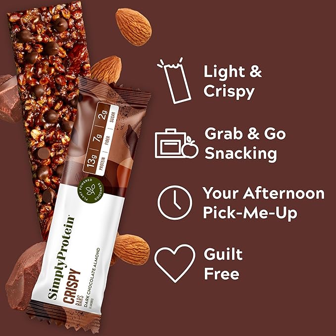 Simply Protein - Dark Chocolate Almond Crispy Bars - Plant Based Protein Bars - Low Carb, Low Sugar, High Fiber - 13g Protein, 2g Sugar, 7g Fiber - Vegan, Gluten Free, Non GMO, Kosher - 12 Bars