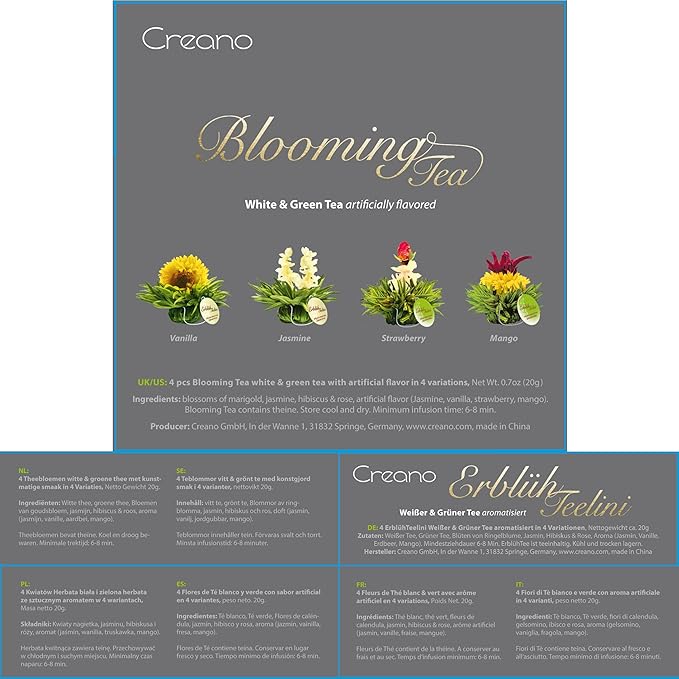 Creano 4 tea Flowers in elegant Gift Box - Blooming Tea White & Green Tea in Cup Size