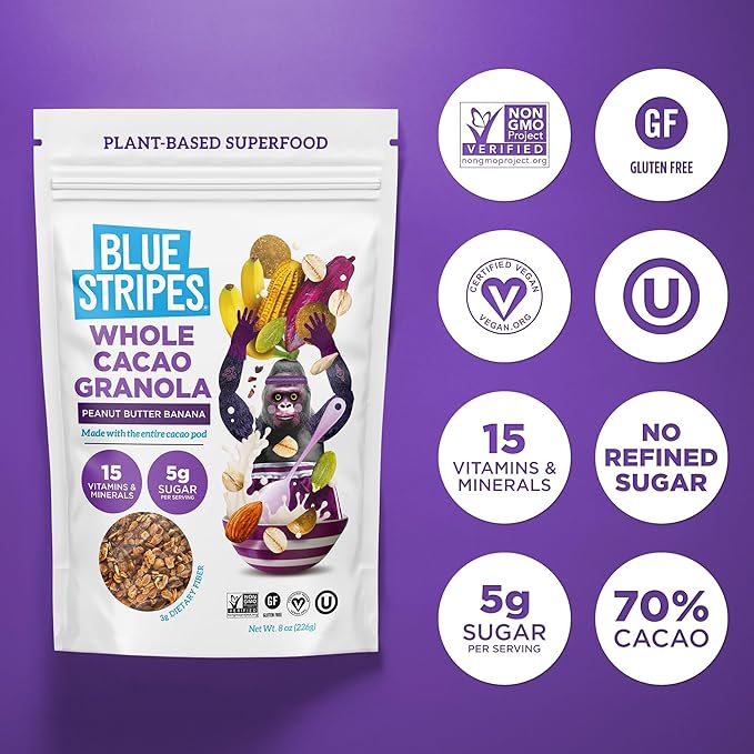 Blue Stripes Whole Cacao Granola - Gluten Free Dark Chocolate Granola for Cereal, Oatmeal, Yogurt, 5g Protein Per Serving, Source of Fiber, Vegan, Low Sugar - Peanut Butter Banana, 8 oz (6 Pack)
