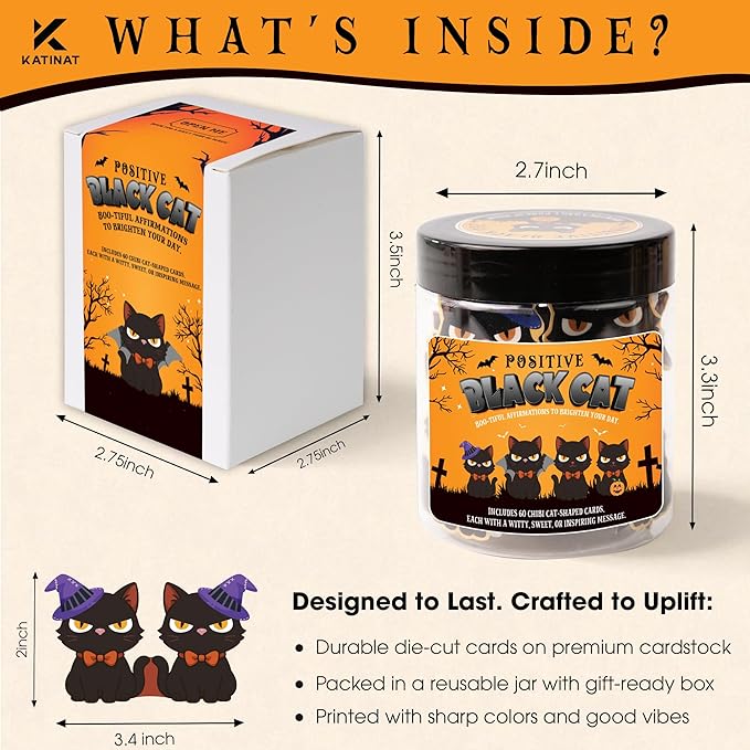 Halloween Black Cat Jar, 60 Cat Affirmation Cards, Halloween Gifts for Women & Teens, Boo Basket Stuffers for Women, Spooky Basket Stuffers