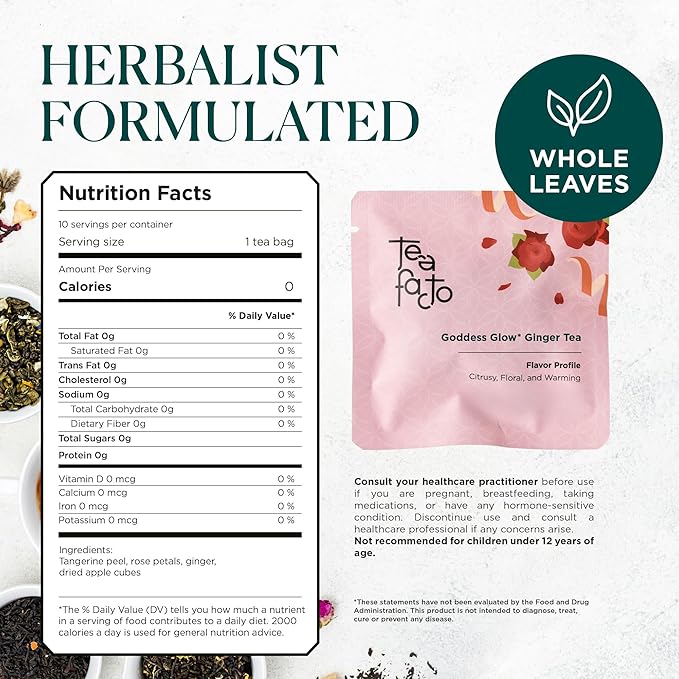 Tea Facto Goddess Glow* Ginger Tea Bags with Dried Ginger Roots, Tangerine Peels, Rose Petals, Dried Apples - Natural Fiber, Zero Added Sugar, Zero Caffeine - 10 Count