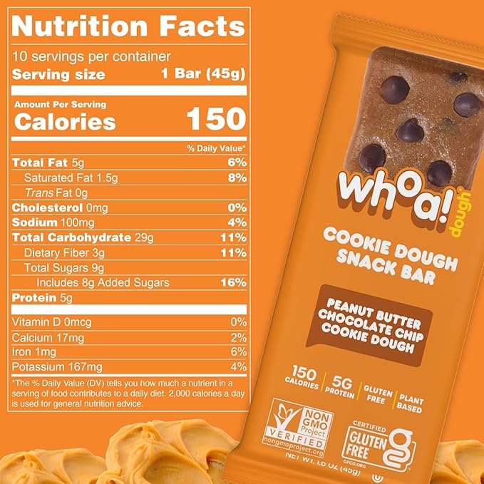 Whoa Dough Edible Cookie Dough Bars- Certified Non-GMO, Kosher and Gluten Free Bars - Healthy Snack Foods - Plant Based Snacks - Peanut Butter Chocolate Chip Cookie Dough - 10 Pack