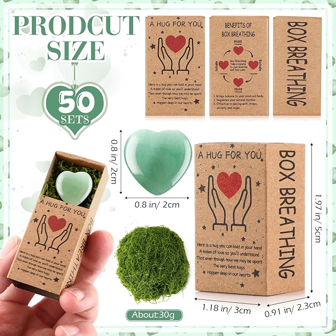 Landical 50 Sets Pocket Hug Token Gifts Small Crystal Heart Stones Bulk with Boxes Mini Heart Shape Natural Stones for Colleagues Family Distance Social Celebration of Life Gifts(Green)