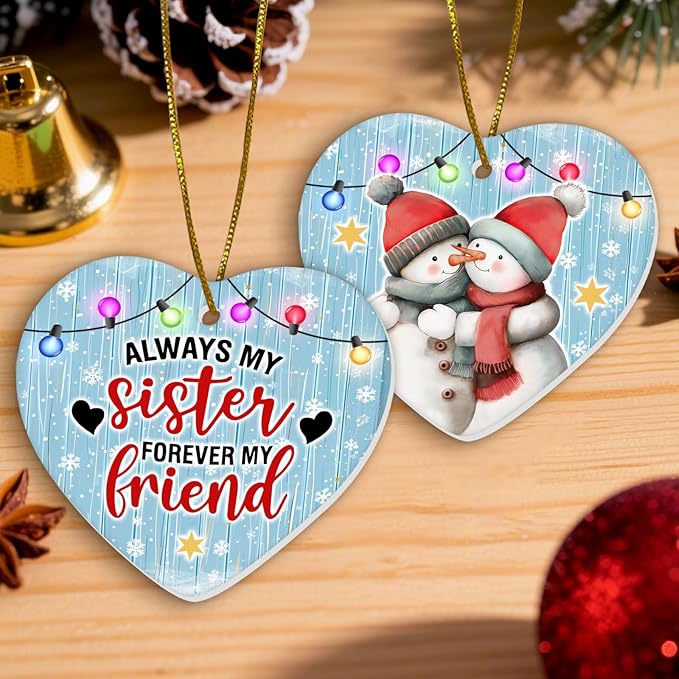 1pc 2 Side Printed My Sister Forever My Friend Ceramic Ornament 2025, Heart-Shaped Christmas Tree, Cute Keepsake Decoration