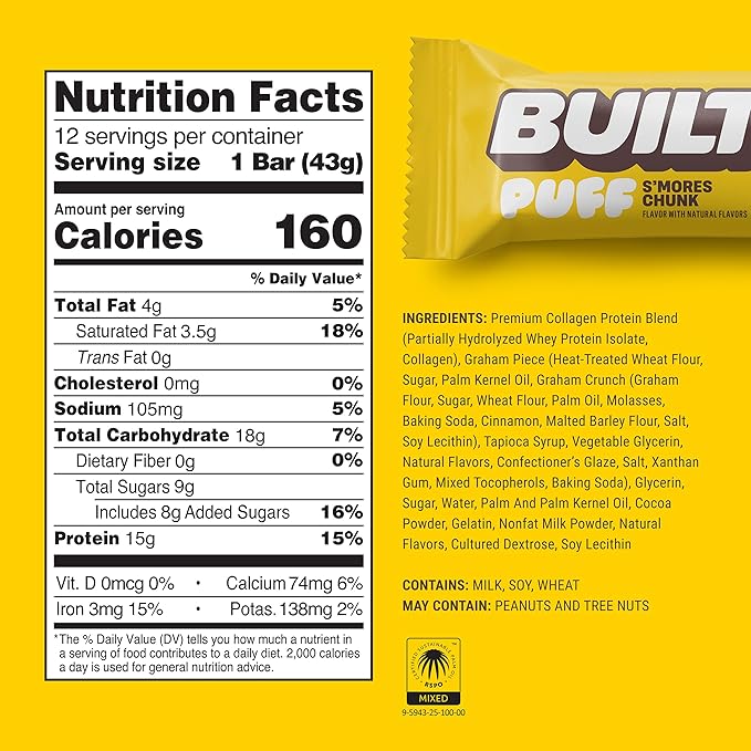 Built Bar, Puff Protein Bars, S'mores Chunk Puff, 15g Protein Snacks, On-The-Go Bars, Only 160 Calories, 9g Sugar, Collagen, Not Gluten Free, 12 Count
