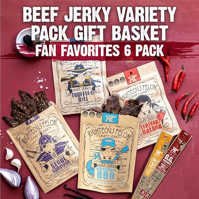 Righteous Beef Jerky Variety Pack Gift Basket - Great Gifts for Men | Gluten Free, High Protein Healthy Snack | Beef, Pork, & Turkey Jerky Variety Snack Pack | Fan Favorites 6 Pack