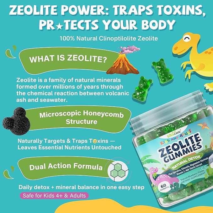 Zeolite Detox for kids & Adult-Sugar Free Zeolite Detox Gummies with Spirulina, Chlorella, Milk Thistle, Magnesium Glycinate, Calcium Citrate for Energy, Focus, Digestive, Immune, Antioxidant - 120Cts