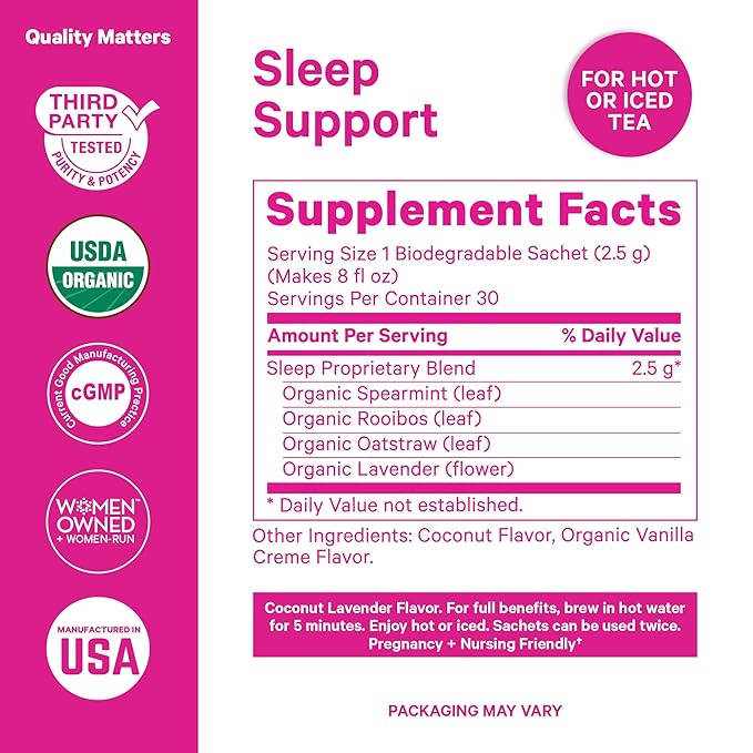 Pink Stork Organic Sleep Tea - Melatonin-Free - Calming Lavender Coconut Herbal Tea to Naturally Support Sleep - Pregnancy Friendly Bedtime Tea, Caffeine-Free - 15 Sachets, Hot or Iced
