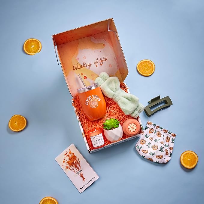 Sunny&Wise Orange Themed Gift Baskets for Women - Designed in USA - Care Package, Self Care Gifts, Get Well Soon, Thinking of You