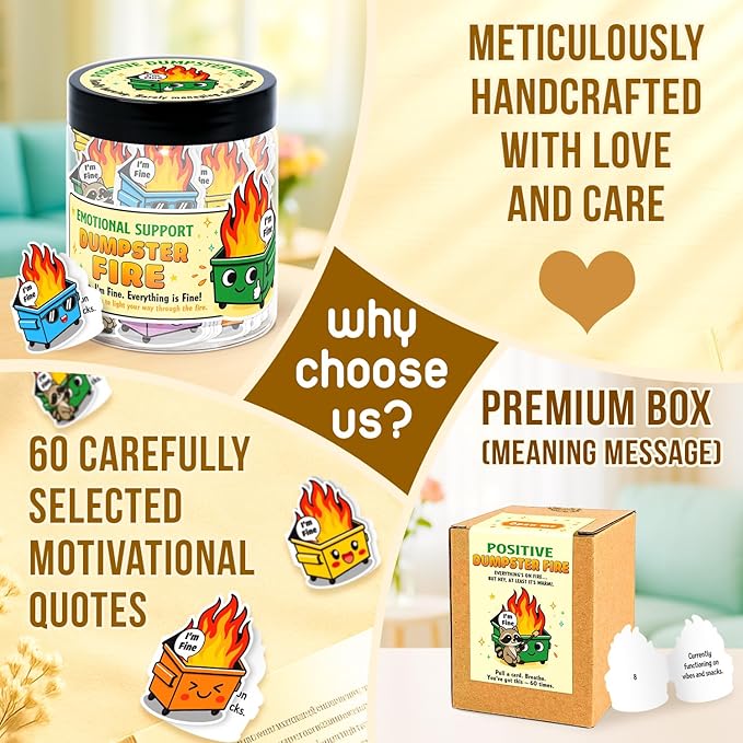 Emotional Support Dumpster Fire – Funny Dumpster Fire Gifts - 60 Positive Dumpster Fire Daily Affirmation Cards Jar – Coworker Leaving Gifts For Women - Funny Farewell Gift For Coworkers