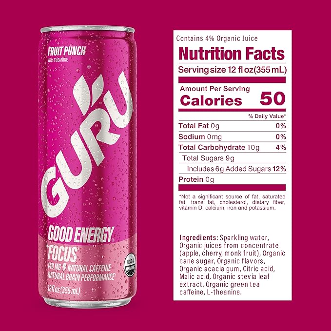 GURU Fruit Punch Organic Energy Drinks, Clean Energy Drink with Plant Based Natural Caffeine from Green Tea + Focus with L Theanine, Gluten Free and Vegan, 140MG Caffeine, 12oz (Pack of 24)