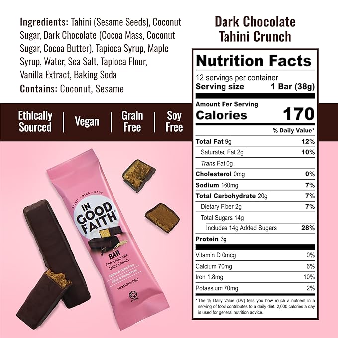 In Good Faith Dark Chocolate Tahini Crunch Bars, Healthy, Gluten Free, Vegan, Dairy Free Chocolate Bars (12 pack)