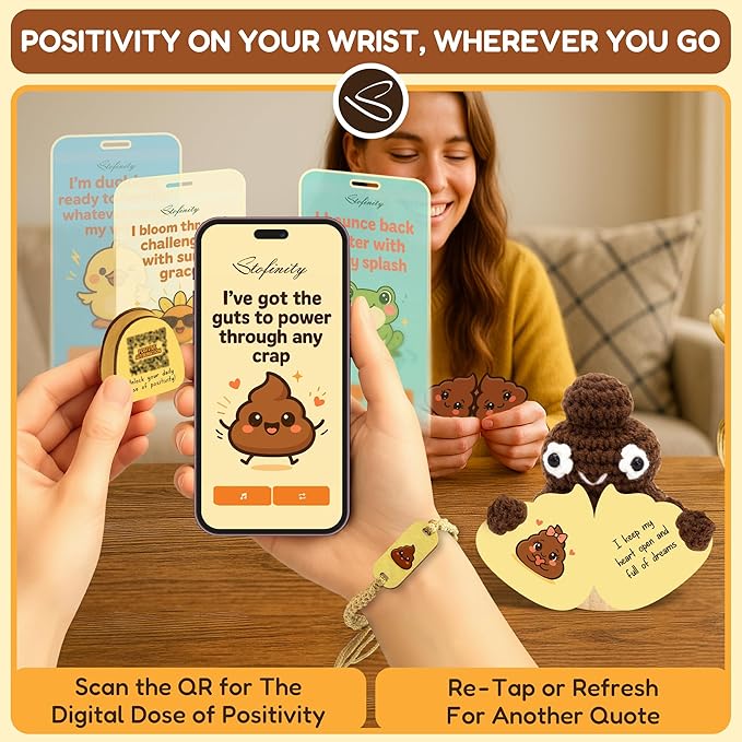 Positivity Poo Crochet Affirmation Jar - 60 Funny Affirmation Cards For Women Men, Support Poop Gifts, Cute Birthday Gifts For Teens Girl Trendy Stuff, Inspirational Gift For Him Her