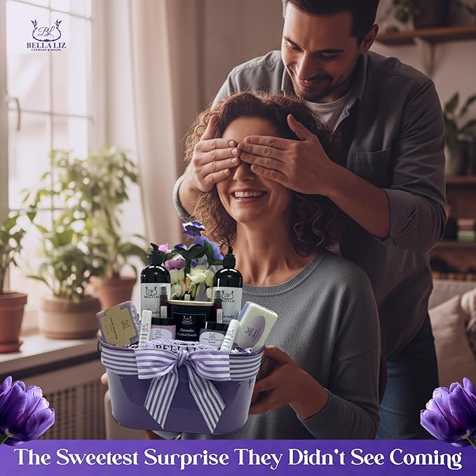 Bella Liz Lavender Gift Set – 14 piece Spa Set with Soy Candle, Handmade Soaps, Body Wash & Lotion, Bath Bombs, Lip Balms, Sugar Scrub, Body Butter & More – Self-Care Gift