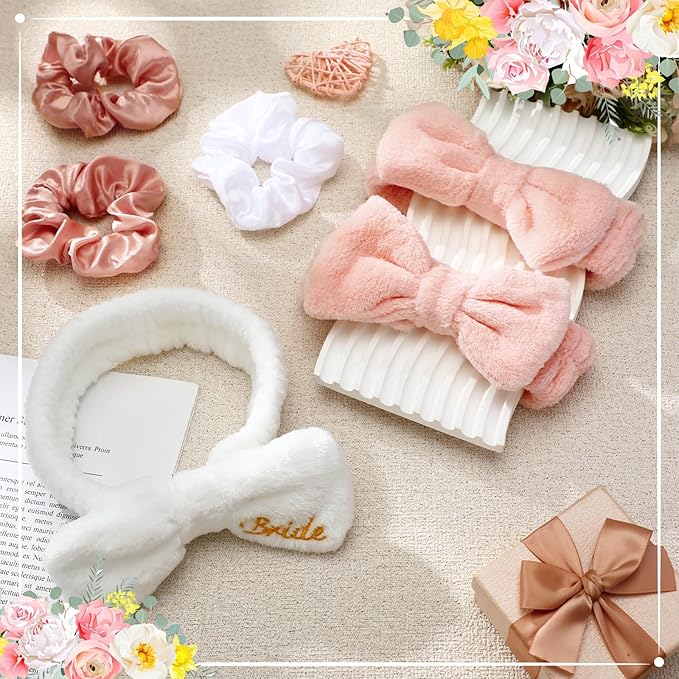 24 Pcs Bachelorette Party Favors Include 12 Bride Bridesmaid Spa Headband 12 Bridesmaid Gifts Scrunchies for Women Sleepover Spa Bachelorette Party Accessories Supplies(White, Rose Gold)