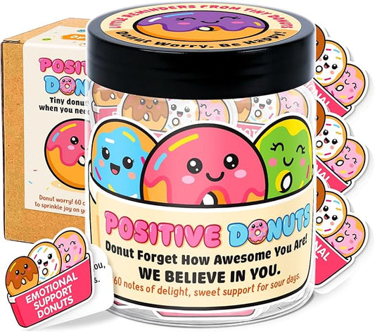 Emotional Support Donut – Funny Donut Gifts For Women, Kid - 60 Positive Donut Daily Affirmation Cards Jar – Inspirational Gifts for Women - Self Care Gift for Coworkers, Teens, Friends, Boss