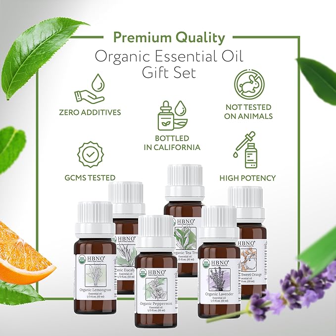 HBNO Organic Essential Oils Set (10ml) - Top 6 Essential Oils. Ideal for Aromatherapy, Soap Making, and Skincare and More - Lavender, Eucalyptus, Tea Tree, Peppermint, Orange, Lemongrass.
