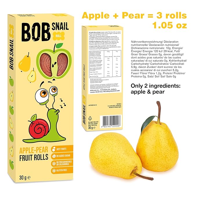 BOB SNAIL Healthy Organic Fruit Snacks for Kids and Adults – 30 Organic Fruit Leather Snacks with Pear & Apple, Blueberry, Mango – Vegan Low-Carb Variety Pack Strips for Kids – Sugar Free Jerky Bars