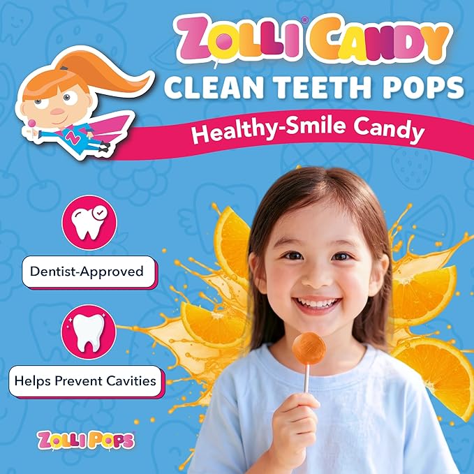 Zollipops Clean Teeth Pops Sugar Free Candy with Xylitol, Dye-Free Lollipops - Keto & Diabetic-Friendly, Dentist-Approved Treats for Kids (Orange, 3.1 oz)