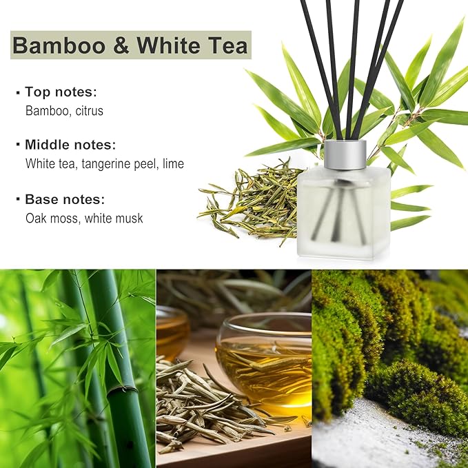 Reed Diffuser, Bamboo & White Tea Essential Oil with 5 Diffuser Sticks, 3.4 fl oz(100ml) Long Lasting Scent Bathroom Air Freshener, Home Fragrance for Office Room Decoration (1 Pack)