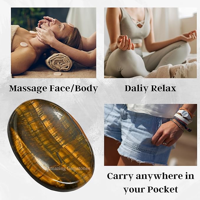 Amazing Gemstone Tiger Eye Worry Stone Crystals and Healing Stones - Worry Stones for Stress Relief Gifts - Piedra Crystal Fidget for Meditation, Relaxation - Unique Stocking Stuffers
