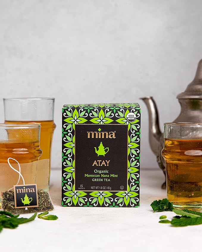 Mina Atay Moroccan Nana Mint Organic Green Tea, 15 Biodegradable Sachets - Refreshing Moroccan Mint Green Tea Bags, Moroccan Mint Tea Bags, Low in Caffeine