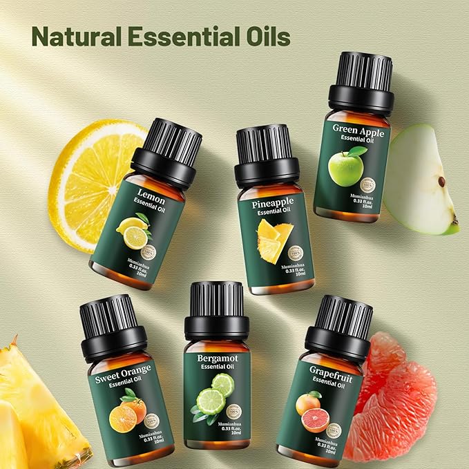 Fruity Essential Oils Set Pure, Mumianhua Lemon, Grapefruit, Orange, Bergamot, Pineapple, Green Apple Natural Aromatherapy Oil for Diffuser, Humidifier, Candle&Soap Making 6x10ml Vitality Morning Set