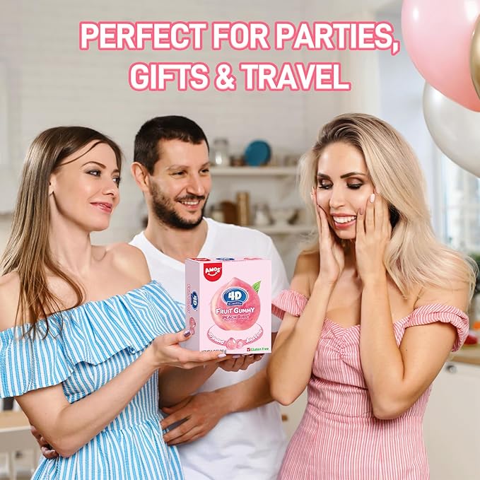 AMOS 4D Gummy Peach Burst Candy – Juice-Filled Peach-Shaped Fruit Gummies, Gluten-Free, Naturally Flavored, 8.47oz (240g) Bag – Fun 3D Candy for Kids & Adults