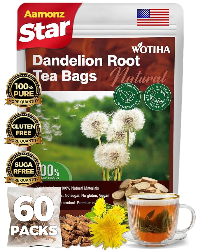 WOTIHA-Natural Dandelion Root tea 120g. 60 Herbal Tea Bags Diente de León .Non-GMO • Additive-Free • Caffeine-Free.No Gluten .Vegan