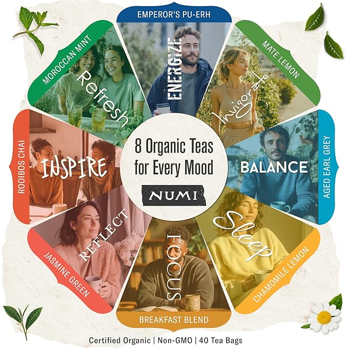 Numi Organic Tea By Mood Gift Set, 40 Tea Bag Assortment, Premium Organic Black, Pu-erh, Green, Maté, Rooibos & Herbal Teas