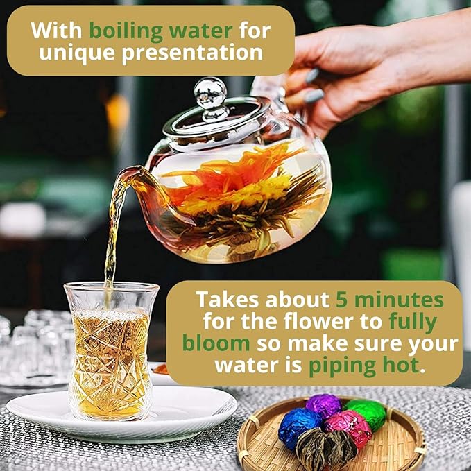 10 Assorted Blooming Flower Tea Balls Gift Set| Handmade Herbal Flowering Tea Balls Variety Individual Packing| Blooming Green Teas with Flowers for Teas Lovers, Anniversary, Valentine, Birthday (Star & Moon Bag)