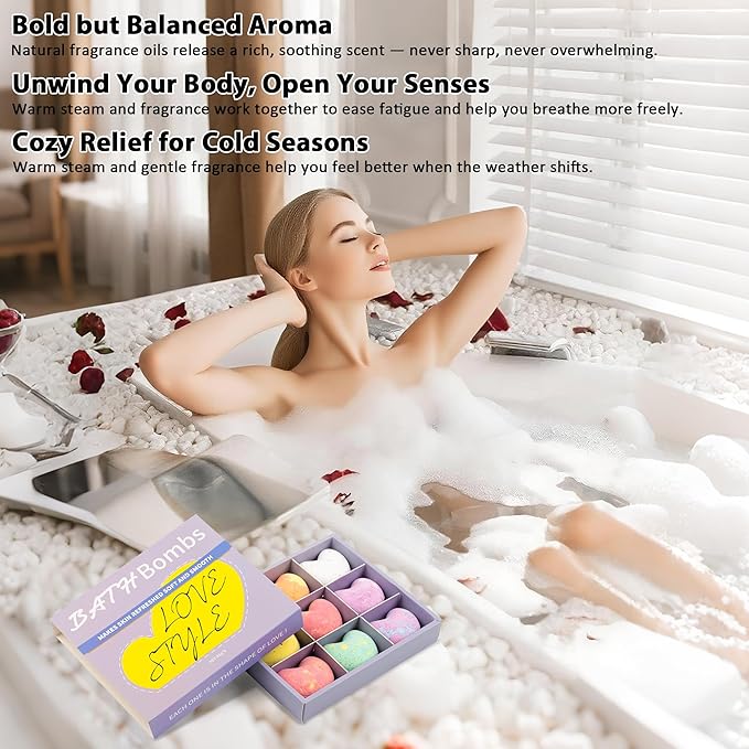 Heart-Shaped Bath Bomb Set – 9 Colorful Fizzies with Essential Oils, Spa & Stress Relief Gifts for Her & Him, Ideal for Birthday, Mother’s Day, Valentine’s Day & More
