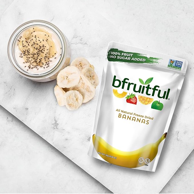 bfruitful Freeze-Dried Banana, Freeze Dried Fresh Fruit Bites, Gluten Free, Vegan, Dairy Free, Kosher, No Sugar Added, Non GMO, Healthy Snacks for Kids or Adults, 0.56 oz Single-Serve Snack Packets, 12 Pack