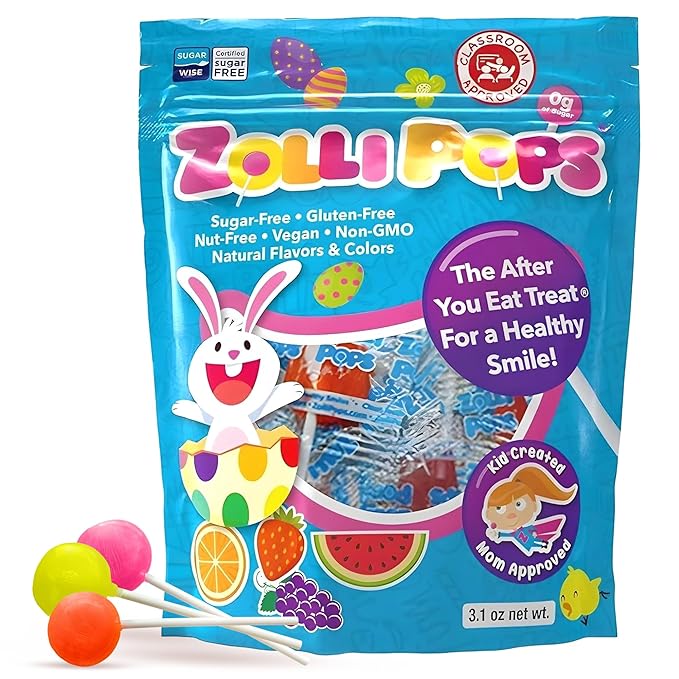 Zollipops Easter Bunny Clean Teeth Pops Sugar Free Candy with Xylitol, Dye-Free Lollipops - Keto & Diabetic-Friendly, Dentist-Approved Treats for Kids (Assorted Fruit, 3.1 oz)