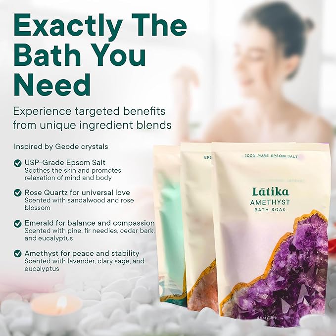 Latika Geode-Inspired Bath Soak Set of 3 - Amethyst, Rose Quartz & Emerald with Essential Oils & Epsom Salt - Sandalwood, Lavender, Sage & Eucalyptus for Stress Relief, Muscle Recovery & Skin Care