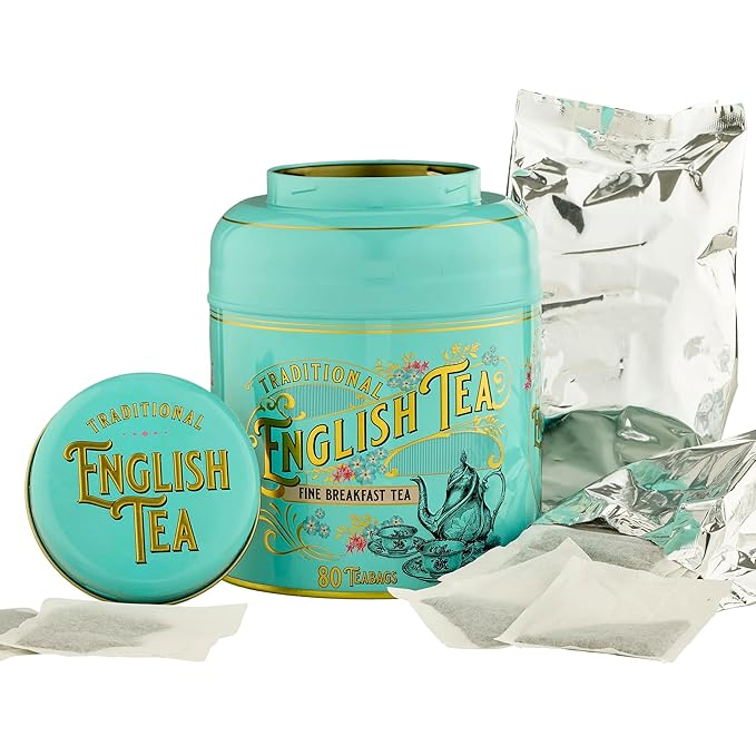 New English Teas Vintage Victorian Tea Caddy with 80 English Teabags (Teal), Forget My Not Gift