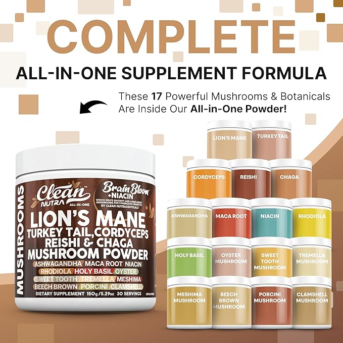 Clean Nutra Lion's Mane Turkey Tail Cordyceps Reishi Chaga Mushroom Powder + Ashwagandha Niacin Calm Stress Memory Adrenal Support Supplements Maca Rhodiola Holy Basil Apaptogen Supplement Unflavored